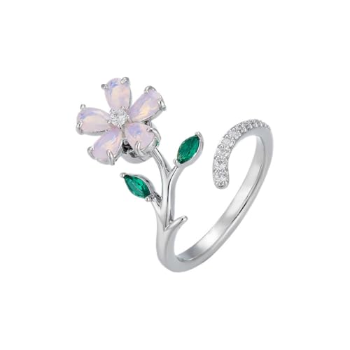 Kokoma Spinner Cherry Blossom Flower Ring for Women Pink Opal Cubic Zirconia Floral Leaf Wrap Finger Band Open Statement Rings Eternity Promise Rings Bands Christmas Jewelry