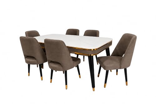 Image of WOODEN SPACE 6-Seater Wooden Dining Table Set | Nano Composite Marble Top | Solid Wood Base | Modern Dining Room Furniture with 6 Chairs (Brown Vintage)