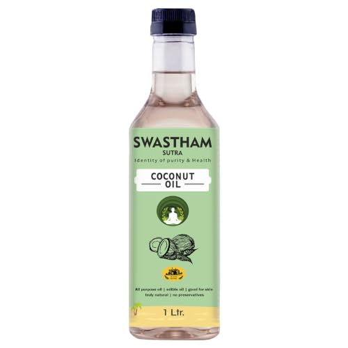 Image of SWASTHAM SUTRA Wood Pressed Coconut Oil | 100% Pure, Unrefined & Cold Pressed Coconut Oil | Extracted from A1 Grade Coconut | Natural Edible Oil for Cooking, Skin & Hair Care | Anti-Spill Bottle (1 Ltr.)