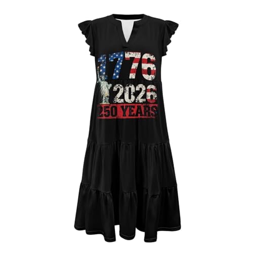 Image of Womens Summer Dress Ruffle Sleeve V Neck Dress Casual Fit Flowy Beach Vacation Sundress with Pocket S-2XL