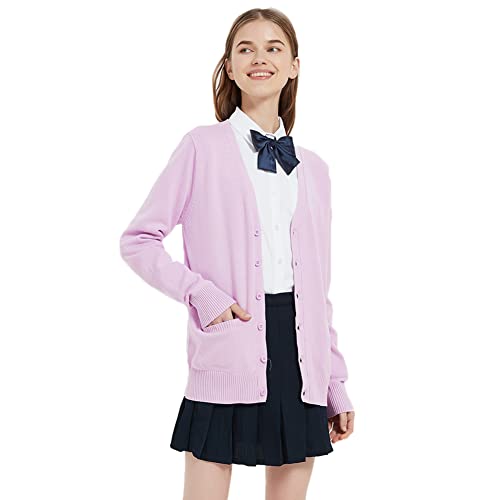 Image of Blostirno Women's Cardigan School Uniform Sweater Cardigans V-Neck Long Sleeve Button Down Knit with Pockets