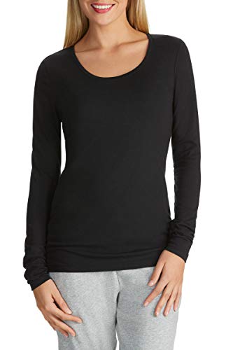 Womens Long Sleeve Stretch Plain Round Scoop Neck T Shirt Top Ladies Fitted Tee (Black 12-14)