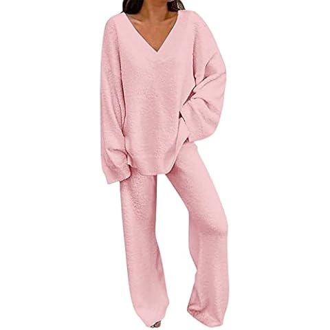 SHOBDW Womens Lounge Wear Pyjamas Set 2 Pcs Long Sleeve Tracksuit Loungewear Casual Loose Fit V-Neck Tops And Trousers Solid Color Plush Pullover And Bottom Nightwear Set Cover