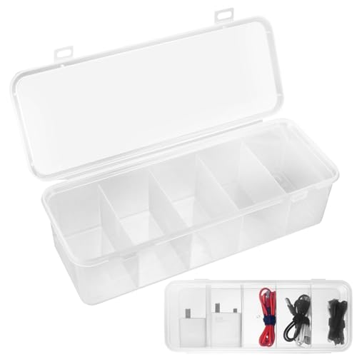 2 Pcs Boite Rangement Cable et Chargeur, Organisateur de Cable Bureau en Plastique Transparent avec 4 Séparateurs Amovibles, Boîte de Rangement Chargeur avec...