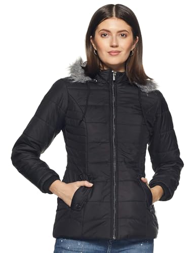 Image of Qube By Fort Collins Women's Medium-Length Bomber Jacket with Detachable Hood Stylish Winterwear for All-Day Comfort |Material: Nylon