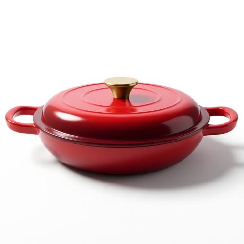 Image of Dutch Oven Enameled Cast Iron with Lid - Big Dual Handles - Oven Safe up to 500F - Classic Round Pot for Versatile Cooking 3 QT Shallow Pot Red
