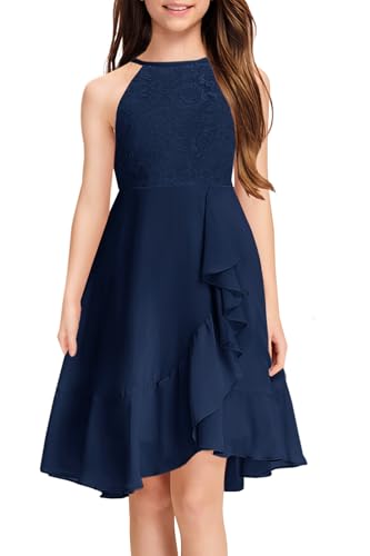 MITILLY Girls Lace Flower Ruffle Dress Chiffon Halter A Line High Low Flowy Junior Bridesmaid Dresses for Wedding Party