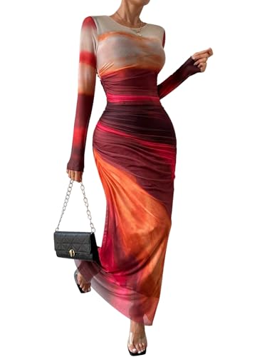 Image of Women's Tie Dye Long Sleeve Maxi Dress Mesh Bodycon Ruched Night Out Formal Cocktail Long Dress for Wedding Guest Party