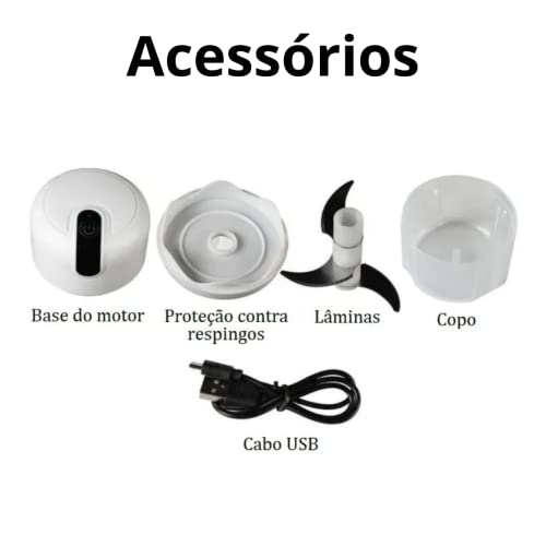 Mini Processador de Alimentos Elétrico Recarregável Alho Cebola Vegetais Com 3 Lâminas de Aço Inox C