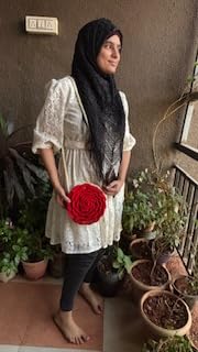 Image of Handmade Crochet Rose Crossbody Bag, Red and Cream, Floral Design, Shoulder Purse with Strap