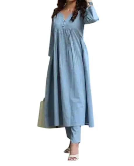 Trendy Cotton Slub Coord Set for Women | Pleated Buttoned A-Line Gown Style Kurta with Pant (IN, Alpha, XL, Regular, Blue)