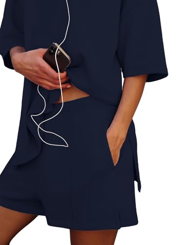 Womens Shorts Sets 2 Piece Outfits Summer 2025 Half Sleeve Crew Neck Cotton Lounge Sets Matching Clothing2