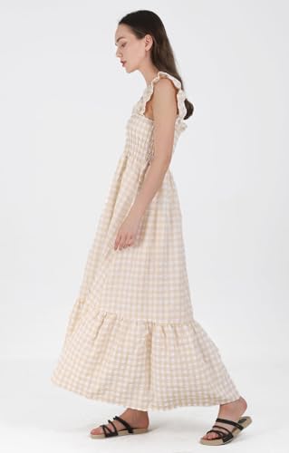 Women's Sleeveless Strap Retro Plaid A-Line Smocked Maxi Long Dress with Ruffled Hem3