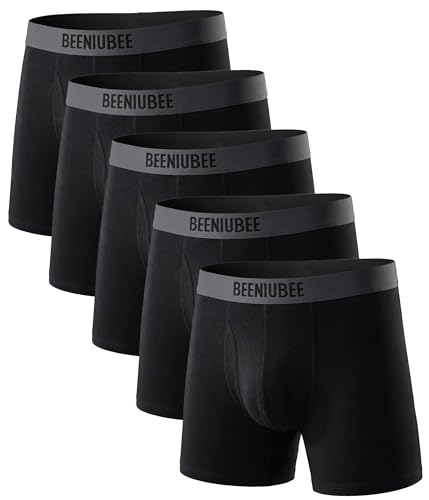 BEENIUBEE Merino Wool Underwear Men Moisture Wicking Boxer Briefs Breathable Wool Briefs for Men Comfortable Soft Long Leg Boxer Shorts 5 Pack (Black L)