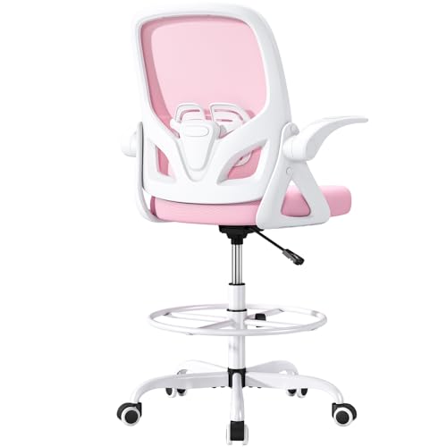 Image of ORRSAKER Drafting Chair, Tall Office Chair with Flip-up Arms, Mesh Ergonomic Computer Standing Desk Chair with Adjustable Height Foot Ring and Lumbar Support, 300 LBS Capacity, Pink