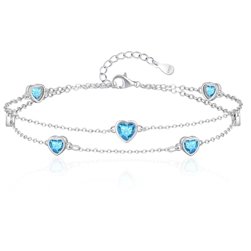Bracelets for Women, 925 Sterling Silver with Cubic Zirconia, Double Layered Love Heart Birthstone Bracelet Personalised Jewellery Gifts for Ladies Her Wife Mom Girlfriend Birthday Valentines
