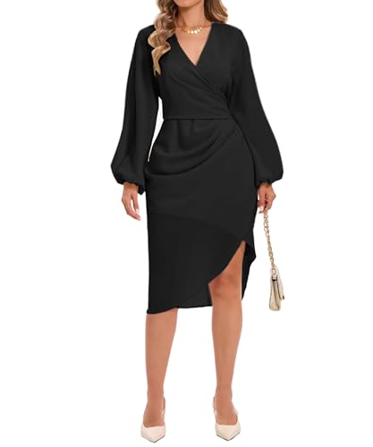 Image of Women's Wrap V Neck Asymmetrical Hem Midi Ruched Cocktail Evening Dress | Back Zipper, Regular Fit, Club Night, Semi Office Formal, Wedding Dinner Date, Flutter Short Sleeve