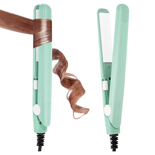 LOPHE Mini Ceramic Plate Hair Straightener, 10s Fast Heating Flat Irons Curling Iron Hair Portable Travel Curling Wand Upgraded Dual-use Hair Curler for Short and All-Hair Types (Green)