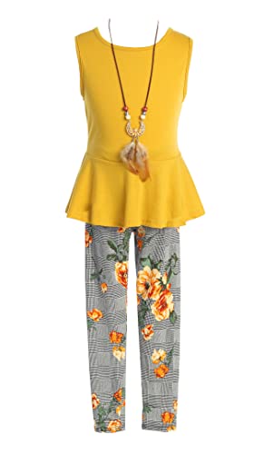 Image of iGirlDress Girls 4 Pieces Pant Set Long Sleeve Jacket Necklace Floral Plaid Pant 4-16