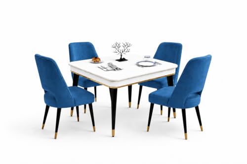 Image of WOODEN SPACE 4 Seater Wooden Dining Table Set | Urban Marble Top Dining Table with Chairs for Dining Room & Kitchen (Modern Vintage Blue) (42 x 42 x 30 inch)