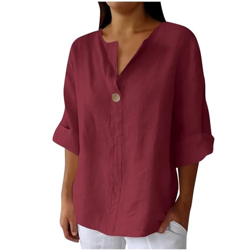 Générique Top Femme Manches 3/4 Col V, Haut Ample en Mélange Coton-Lin Unie, T-Shirt Décontracté Enfilade
