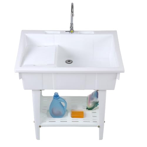 Fregadero Exterior Jardin, Pila Lavadero, Fregadero Independiente con Tabla de Lavar, Grifo, Desagüe y Soporte, Ideal para Patio, Garaje, Jardín, Taller(White)