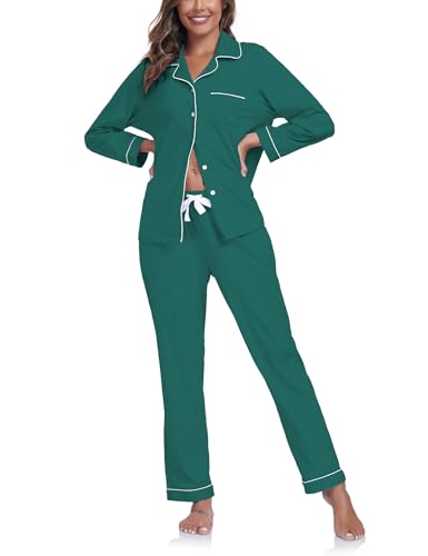 Image of COLORFULLEAF Women's 100% Cotton Long Sleeve Pajama Sets Button Down Notched Collar Sleepwear Soft Lounge Pjs with Pockets