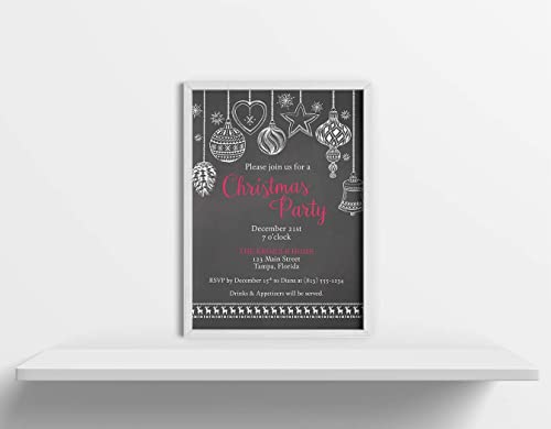 Holiday Party Invitations Christmas Ornament Invites Parties Xmas Chalkboard Snowflakes Ornaments Decorations Black Red Rustic Country Chic Shabby Blackboard Modern Unique Fun Printed Cards (12 Count) #TOP3