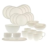 Le set de 32 pièces inclut assiettes, bols, mugs, saladier et plat ovale, idéal pour un usage quotidien ou festif.