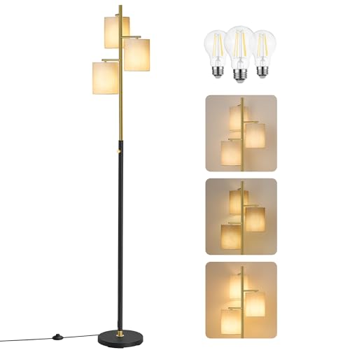VASAGLE Floor Lamp for Living Room Modern Standing Lamp with 3 Bulbs Adjustable Brightness Fabric Lampshade 3 E27 Sockets for Bedroom Gold and Black LFL003B03