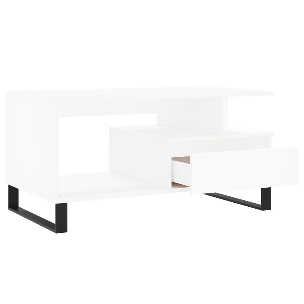 Tavolino bianco 90 x 49 x 45 cm, in legno con cassetto, gambe in metallo, tavolino moderno per soggiorno, elegante ripiano