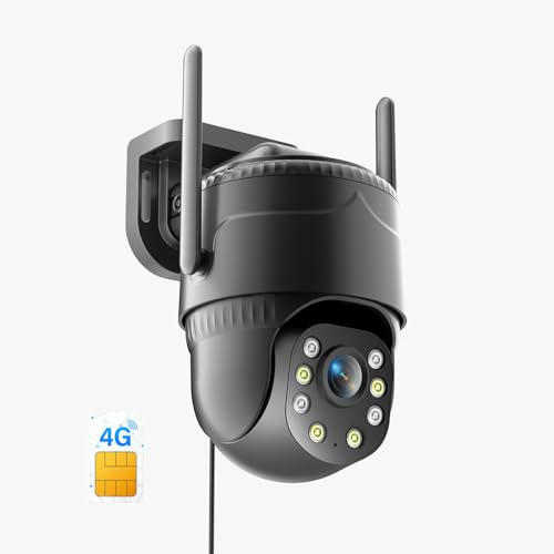 KKB Camara de Vigilancia 4G LTE con Tarjeta SIM y Grabación 24/7, Sin WiFi, Cámara de Seguridad Exterior con Cable, Detección IA, Visión Nocturna 2K, PTZ 360° y Audio Bidireccional, IP65