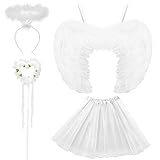 WILDPARTY Angel Costume Accessories for Women, Tulle Tutu Skirt, Angel Wings and Halo Wings and Halo Black Angel Costume for Women Photo Shoot Prop, Halloween Costume(White-B)