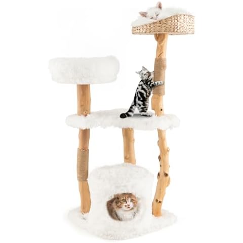 PETSITE 49 inch Cat Tree for Indoor Cats, Solid Wood Modern Multi-Level Cat Tower with Scratching Posts, Top Cattail Basket Cat Bed, Side Perch, Large Platform, and Cat Condo, Cute White Cat Tree Cover
