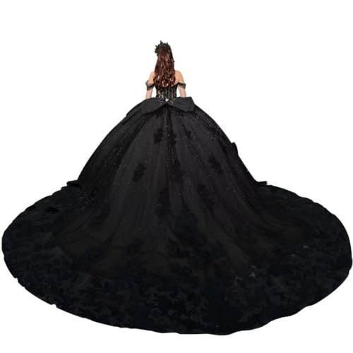 Puffy Tulle Quinceanera Dresses with Train Black Lace Appliques Prom Dresses Gothic Ball Gown for Sweet 15 16 with Bow