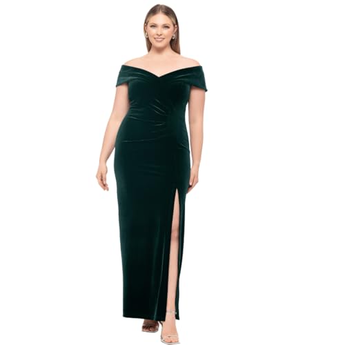 Xscape Women's Plus Long Velvet Off-The-Shoulder Gown with Leg Slit and Center Back Zipper