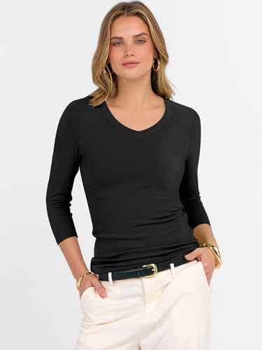 ANRABESS Womens Tops 3/4 Sleeve V Neck Ribbed Knit Slim Fit Shirts Basic Tee 2025 Fall Outfits Casual Tshirt Fashion Clothes3