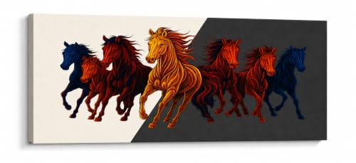 Image of 7 Horse Vastu Sunrise Canvas Painting | Positive Energy Wall Decor | Big Size Premium Running Horses Artwork for Home, Office & Hall Decoration (Modern, Red Black Horse, 44x20 Inch)