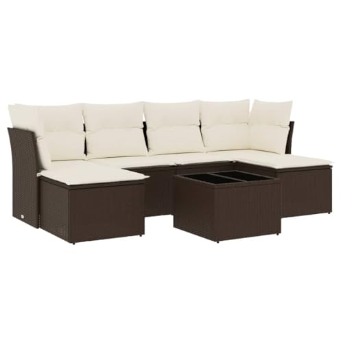 Willood 7-TLG. Garten-Sofagarnitur mit Kissen Poly Rattan Gartenmöbel Lounge Sofa Garnitur Terrasse Ohne Tisch Braun und Creme