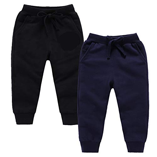 Looching 2 Pack Toddler Baby Boys Cotton Active Pants with Pockets Adjustable Drawstring Joggers Bottoms Infant Newborn Black/Dark Blue