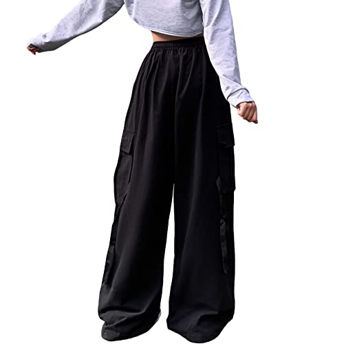 Linsennia Cargo Pants Women Baggy Y2k Streetwear Wide Leg Pants with Pockets High Waist Drawstring Goth3