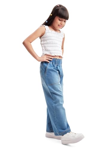 Image of olele Girls Super Jeans Collection for 4-14 Yrs | Stretchable Cotton Denim Trousers | Blue Jeans for Kids | Baggy Denim Pants | Cargo Pants for Girls