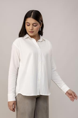 Image of Women's Linen Blend Shirt | Casual Collared Button Down Shirt for Women | Solid Color Full Sleeve Oversized Fit | Summer Casual & Office Wear Top