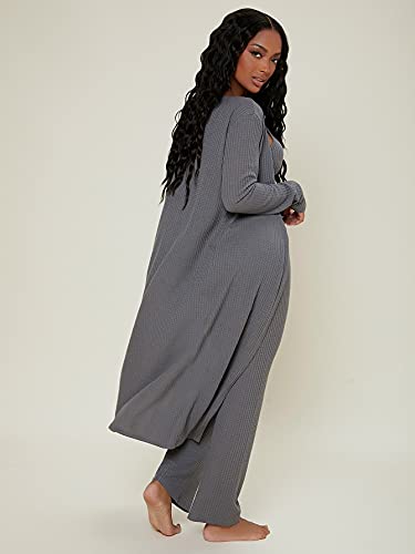 Shein Women's Ruched Knot Bust Cami Top Long Pants Lounge Set With Long Sleeve Robe Dark Grey Small #TOP1