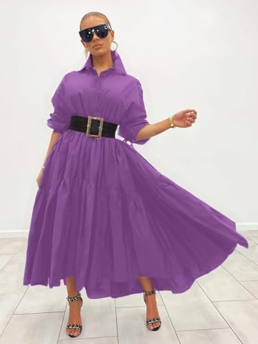 Image of Women's Long Sleeve Maxi Shirt Dress Elegant Button Down Loose Swing Party Dress
