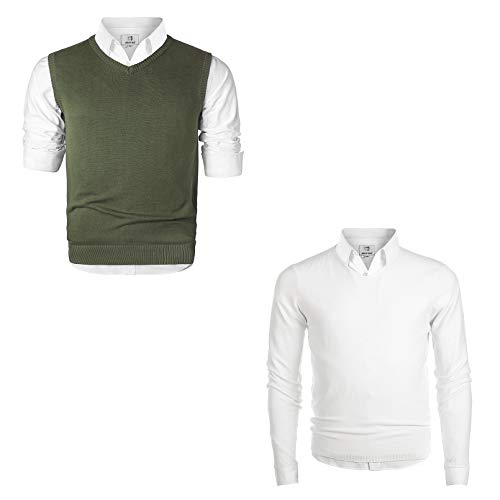 MOCOTONO Men's V-Neck Sweater Vest Green Small | Men's V-Neck Long Sleeve Pullover White Small (Bundle)
