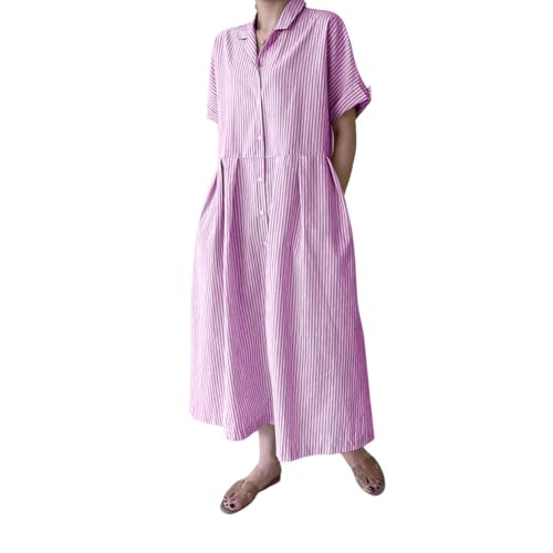 Image of chouyatou Women's Cotton Striped Shirt Dress Button Up Short Sleeve Midi Long Shift Dress with Pockets