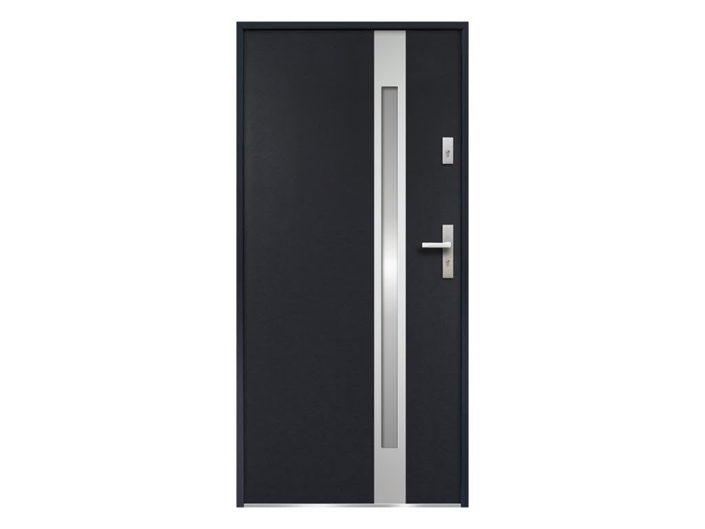 Vente-unique-Puerta de entrada de acero acristalada con inox Alt. 207 x Ancho 100 cm antracita - se abre hacia la izquierda BRAGA