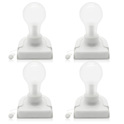 Zwesanii Stick-Up Light Bulb for Closet, 4Pack Battery Operated LED Light Bulb with Pull Chain, Wireless Self Adhesive Wall Mounted Lamp Fixtures for Cabinet Bedroom Living Room Kitchen, Clear Cover