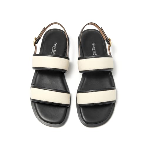 Image of BEAU TODAY Flat Sandals for Women,Women's Leather Sandals with 2 Strap,Peep Toe Summer Strap Sandals for Women,Open Toe Buckle Comfortable Dress Sandals Shoes for Women